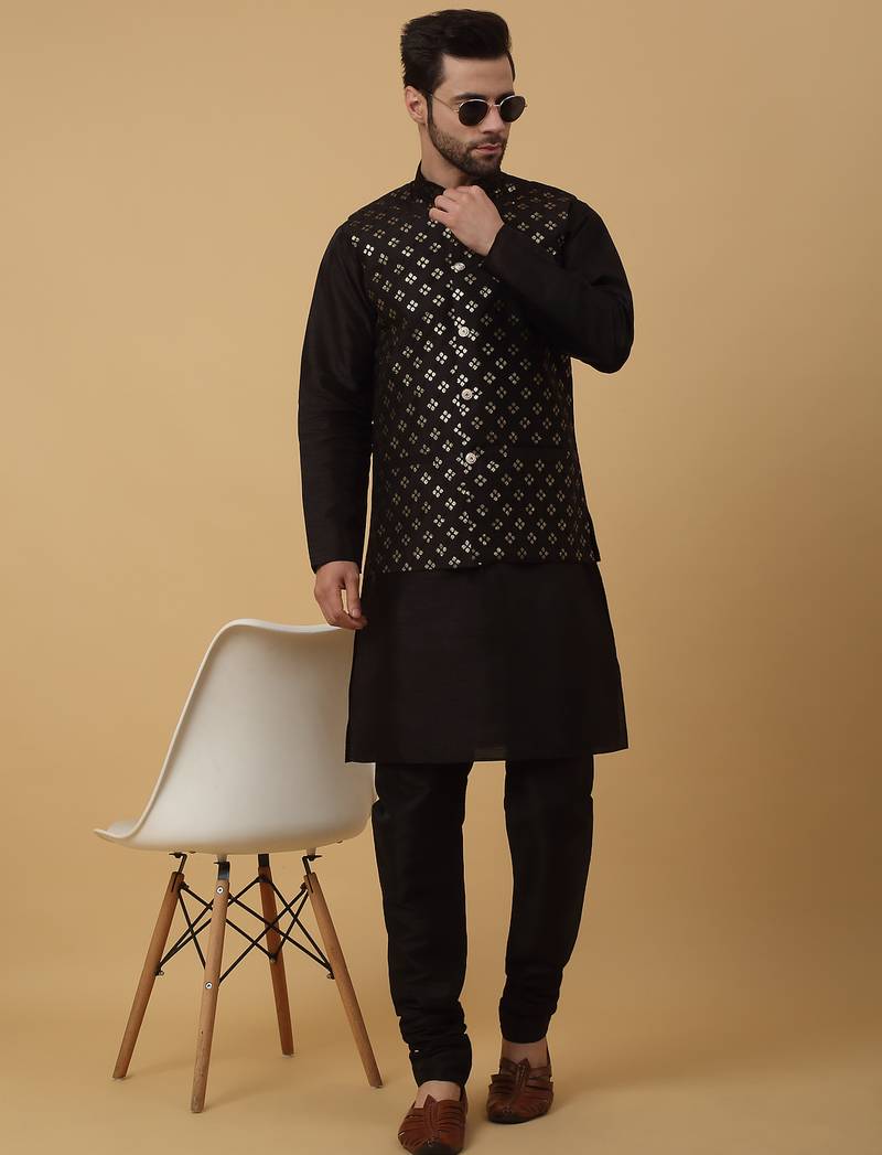 Men's black kurta and churidar with sequenced cotton silk nehru jacket