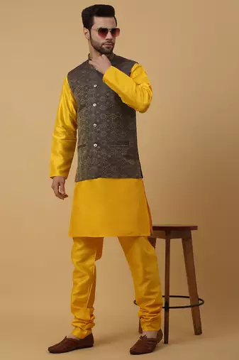 Men's yellow kurta and churidar with jacquard ethnic motifs printed nehru jacket