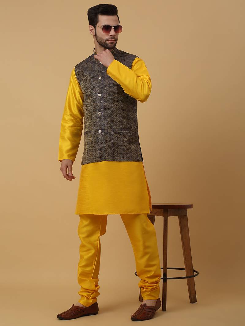Men's yellow kurta and churidar with jacquard ethnic motifs printed nehru jacket