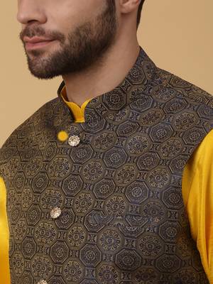 Men's yellow kurta and churidar with jacquard ethnic motifs printed nehru jacket 2