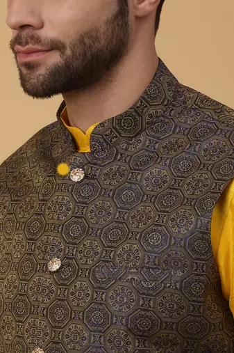 Men's yellow kurta and churidar with jacquard ethnic motifs printed nehru jacket