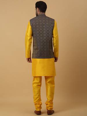 Men's yellow kurta and churidar with jacquard ethnic motifs printed nehru jacket 3