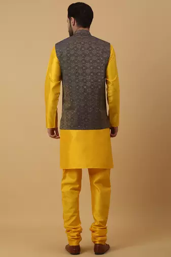 Men's yellow kurta and churidar with jacquard ethnic motifs printed nehru jacket