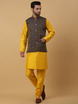 Men's yellow kurta and churidar with jacquard ethnic motifs printed nehru jacket 4