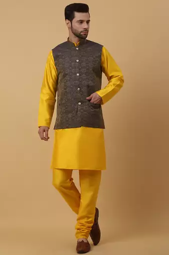 Men's yellow kurta and churidar with jacquard ethnic motifs printed nehru jacket