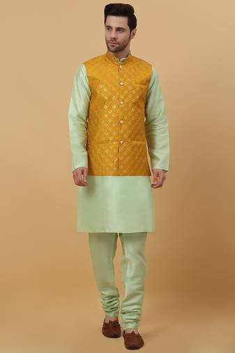 Men's sea green kurta and churidar with sequenced cotton silk nehru jacket