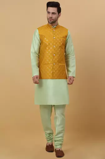 Men's sea green kurta and churidar with sequenced cotton silk nehru jacket