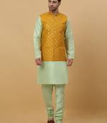 Men's sea green kurta and churidar with sequenced cotton silk nehru jacket
