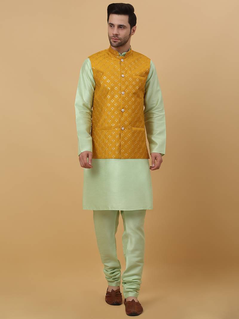 Men's sea green kurta and churidar with sequenced cotton silk nehru jacket