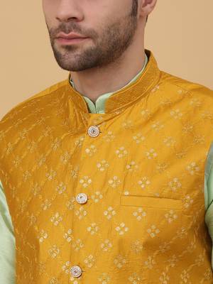 Men's sea green kurta and churidar with sequenced cotton silk nehru jacket 2