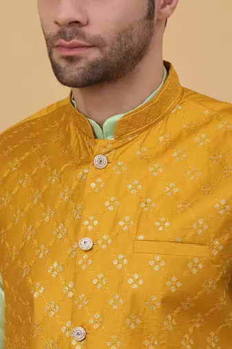 Men's sea green kurta and churidar with sequenced cotton silk nehru jacket