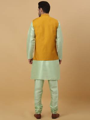 Men's sea green kurta and churidar with sequenced cotton silk nehru jacket 3