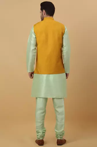 Men's sea green kurta and churidar with sequenced cotton silk nehru jacket
