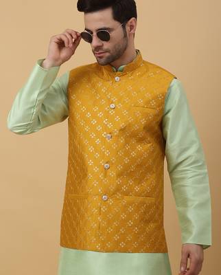 Men's sea green kurta and churidar with sequenced cotton silk nehru jacket 4