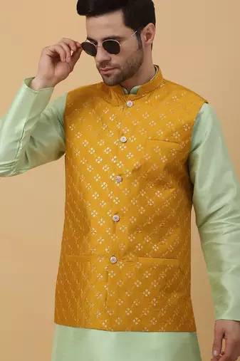 Men's sea green kurta and churidar with sequenced cotton silk nehru jacket