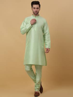 Men's sea green kurta and churidar with sequenced cotton silk nehru jacket 5