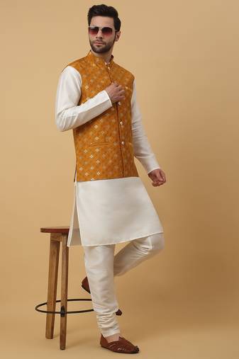 Men's cream kurta and churidar with jacquard ethnic nehru jacket