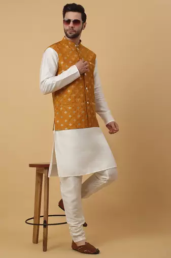 Men's cream kurta and churidar with jacquard ethnic nehru jacket