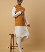 Men's cream kurta and churidar with jacquard ethnic nehru jacket