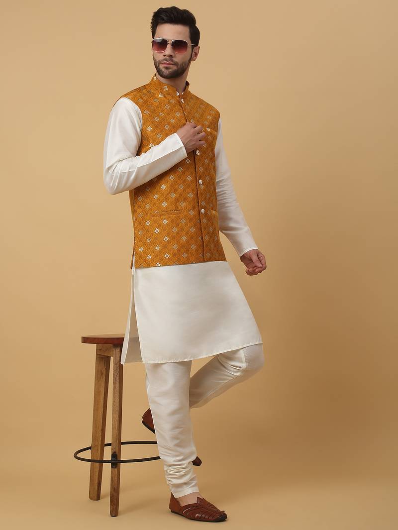 Men's cream kurta and churidar with jacquard ethnic nehru jacket