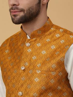 Men's cream kurta and churidar with jacquard ethnic nehru jacket 2