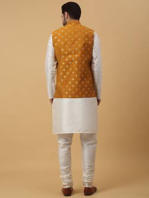 Men's cream kurta and churidar with jacquard ethnic nehru jacket 3