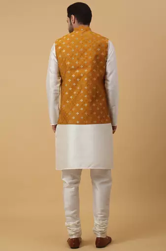 Men's cream kurta and churidar with jacquard ethnic nehru jacket