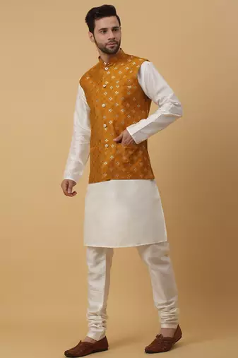 Men's cream kurta and churidar with jacquard ethnic nehru jacket