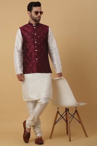 Men's cream kurta and churidar with jacquard floral nehru jacket