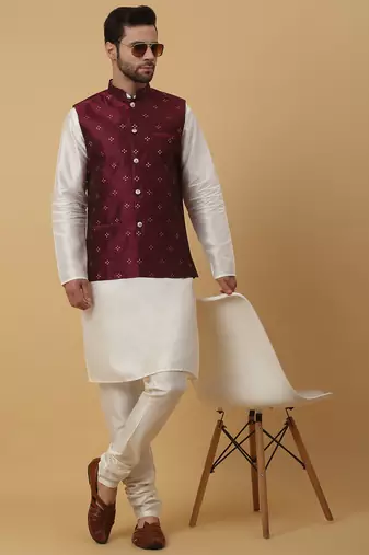 Men's cream kurta and churidar with jacquard floral nehru jacket