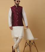 Men's cream kurta and churidar with jacquard floral nehru jacket
