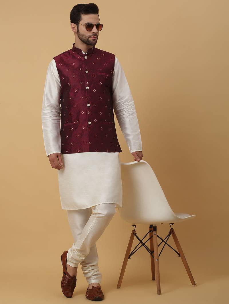 Men's cream kurta and churidar with jacquard floral nehru jacket