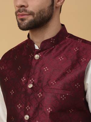 Men's cream kurta and churidar with jacquard floral nehru jacket 2