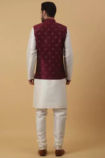 Men's cream kurta and churidar with jacquard floral nehru jacket