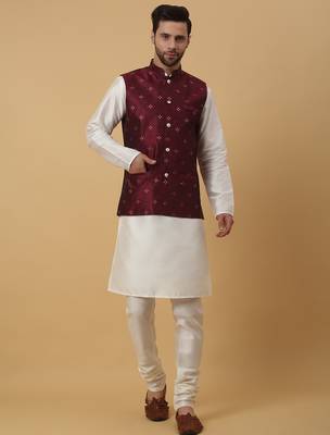 Men's cream kurta and churidar with jacquard floral nehru jacket 4