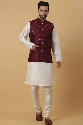 Men's cream kurta and churidar with jacquard floral nehru jacket