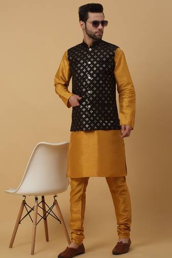 Men's mustard kurta and churidar with sequenced cotton silk nehru jacket