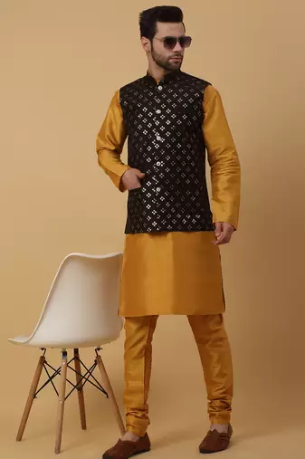 Men's mustard kurta and churidar with sequenced cotton silk nehru jacket