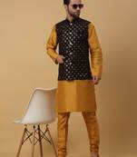 Men's mustard kurta and churidar with sequenced cotton silk nehru jacket