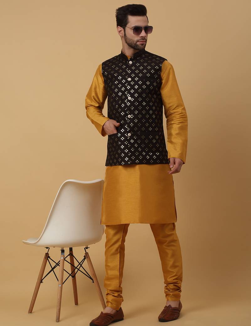 Men's mustard kurta and churidar with sequenced cotton silk nehru jacket