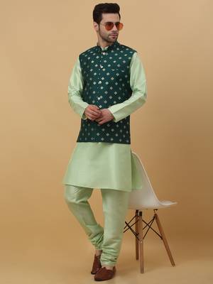 Men's sea green kurta and churidar with jacquard ethnic nehru jacket 1