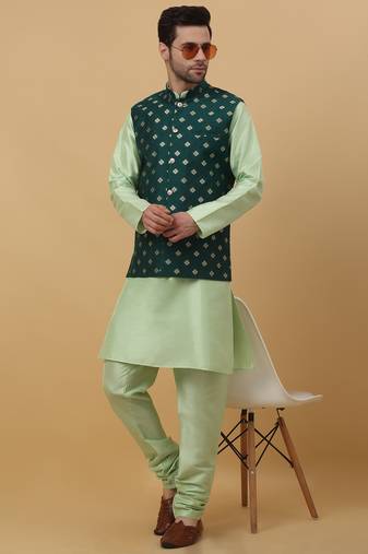 Men's sea green kurta and churidar with jacquard ethnic nehru jacket