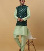 Men's sea green kurta and churidar with jacquard ethnic nehru jacket
