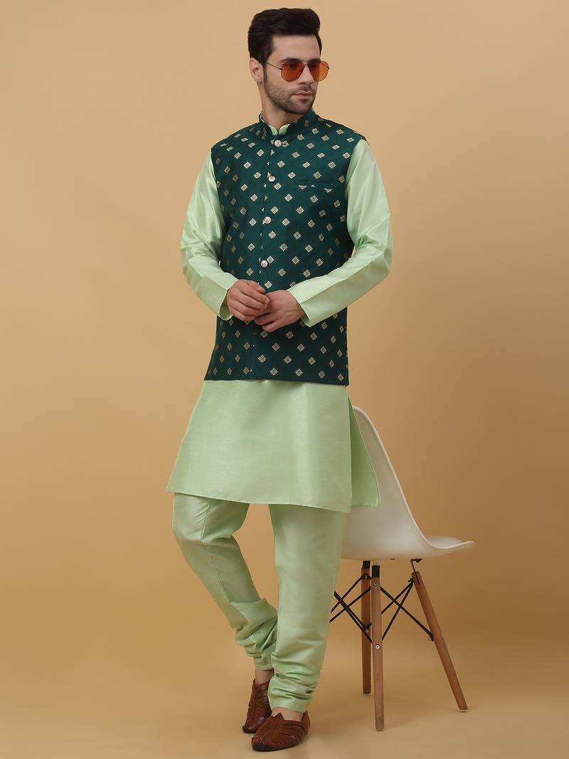 Men's sea green kurta and churidar with jacquard ethnic nehru jacket