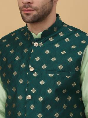 Men's sea green kurta and churidar with jacquard ethnic nehru jacket 2