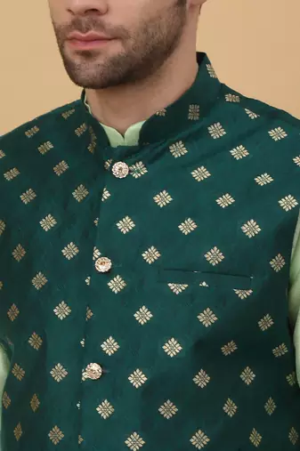 Men's sea green kurta and churidar with jacquard ethnic nehru jacket