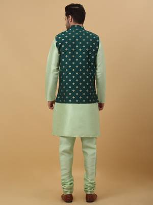 Men's sea green kurta and churidar with jacquard ethnic nehru jacket 3