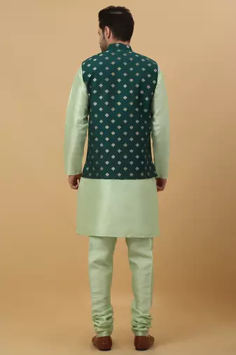Men's sea green kurta and churidar with jacquard ethnic nehru jacket