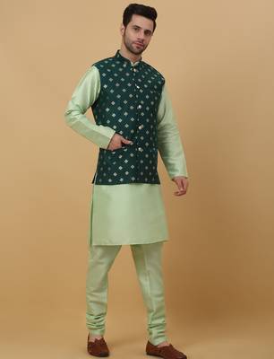 Men's sea green kurta and churidar with jacquard ethnic nehru jacket 4