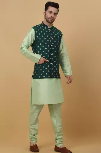 Men's sea green kurta and churidar with jacquard ethnic nehru jacket